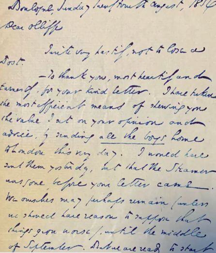 La carta que Dickens le escribió a James Olliffe, fechada el 24 de agosto de 1856.