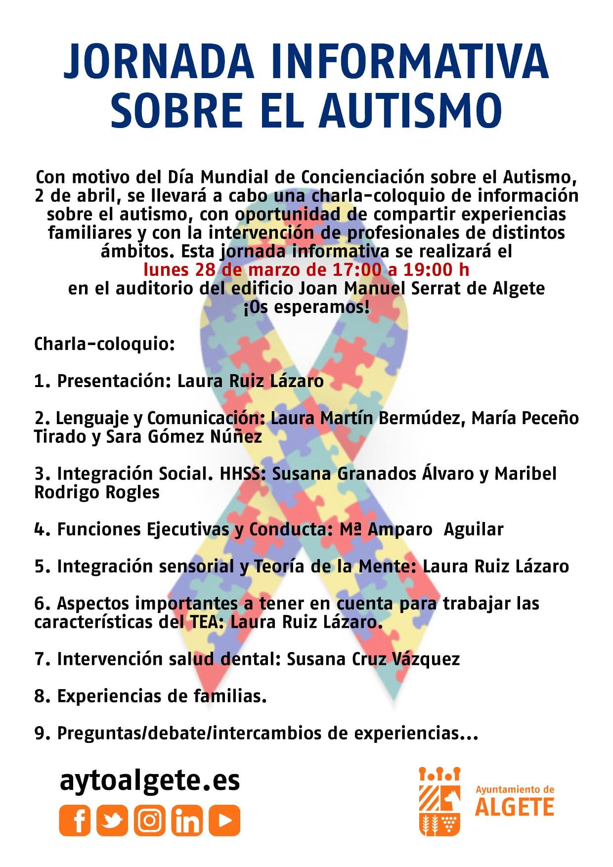 El 28 de marzo, se llevará a cabo una charla-coloquio con motivo del Día Mundial de Concienciación sobre el Autismo