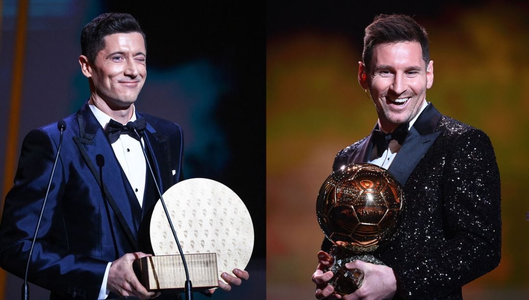 Lewandowski y Messi con sus respectivos galardones