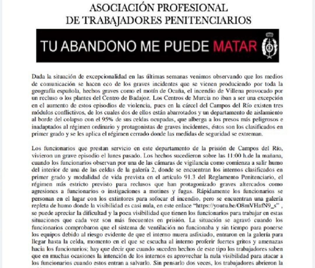 Denuncia la agresión de un preso a varios funcionarios en Campos del Río