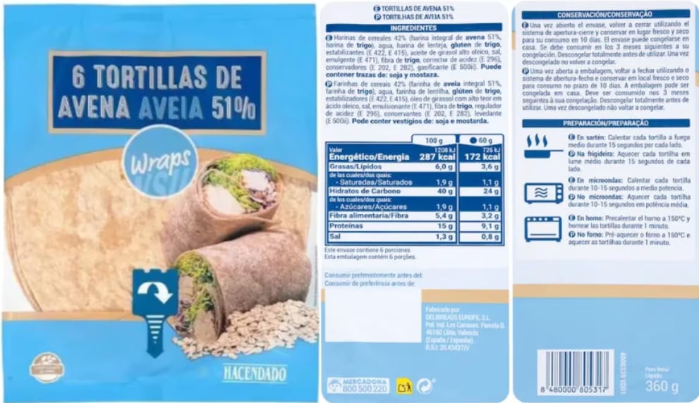 Tortilas de avena 51% de Mercadona.