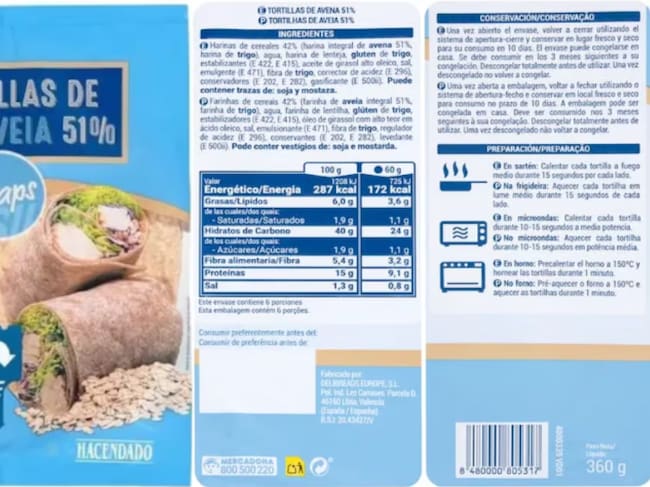 Tortilas de avena 51% de Mercadona.