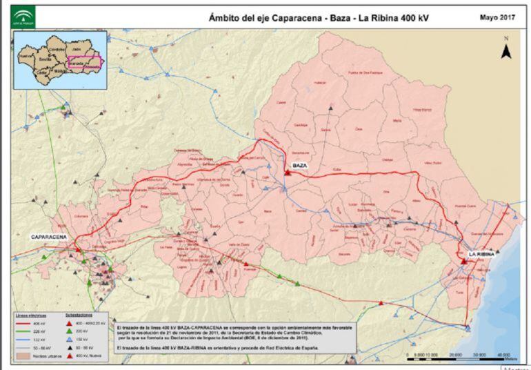 Ámbito del eje eléctrico de 400 kV Caparacena - Baza - Vera