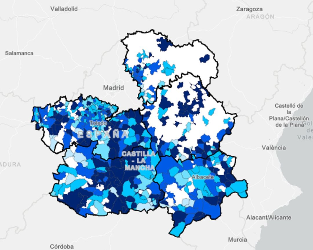 Mapa de la incidencia acumulada en localidades con más de 500 habitantes hasta el 14 de enero