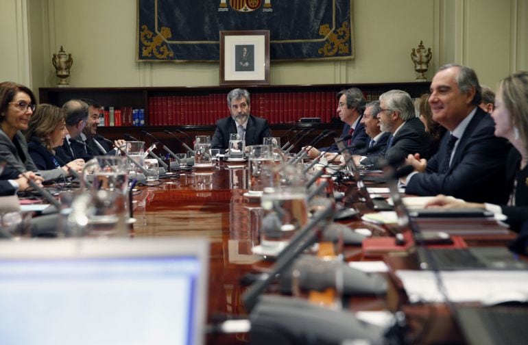 Vista general de la reunión extraordinaria del pleno del Consejo General del Poder Judicial para pronunciarse sobre la idoneidad del magistrado del Tribunal Supremo José Manuel Maza Martín para el cargo de fiscal general del Estado 