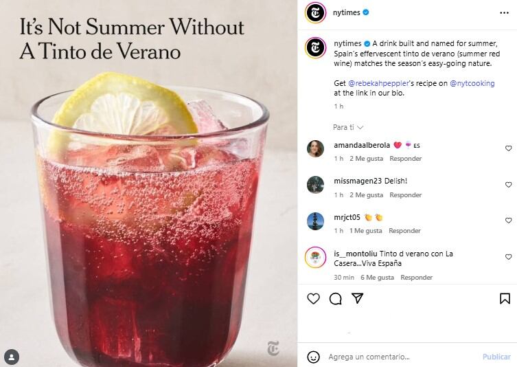 El perfil de Instagram de 'The New York Times' con la publicación "No es verano sin el tinto de verano", este sábado 14 de junio de 2025.