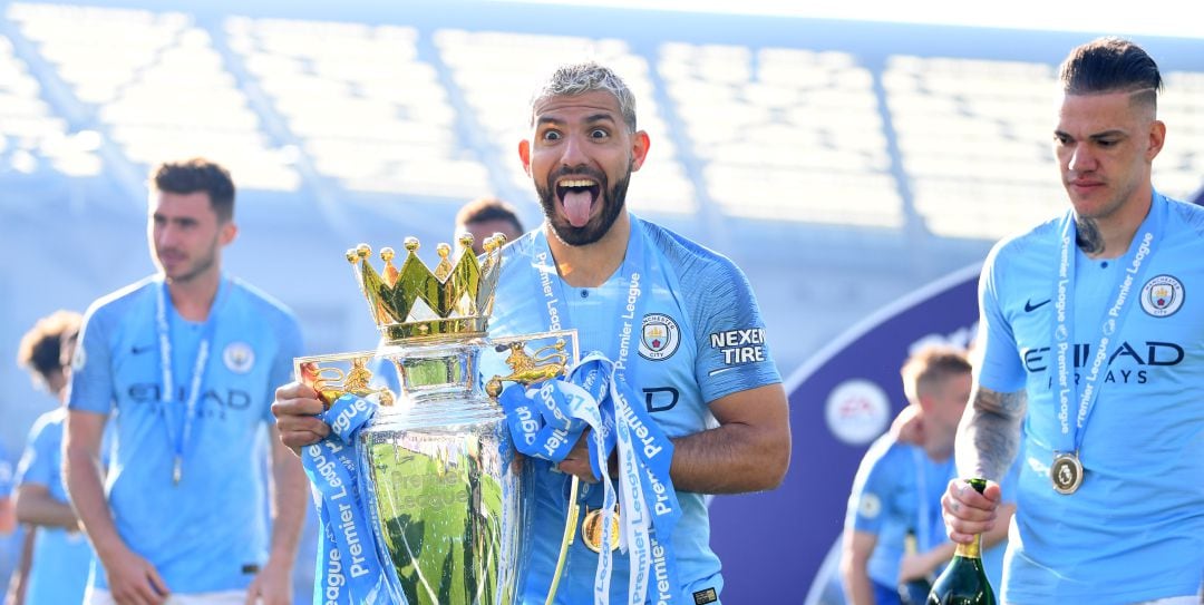 Sergio Agüero, durante la celebración de la última Premier conquistada por el City