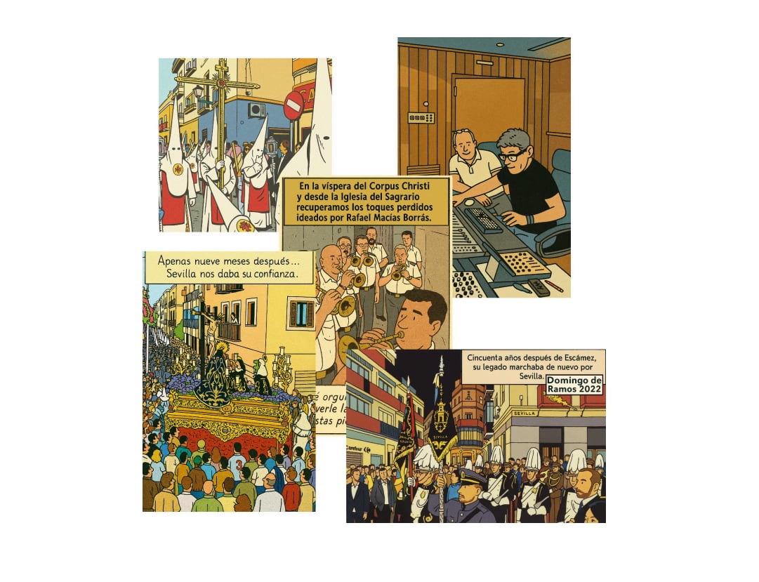 Estas son algunas de las ilustraciones del comic dedicado a la Banda de Cornetas y Tambores Esencia