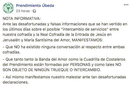 Comunicado del Prendimiendo publicado en Facebook