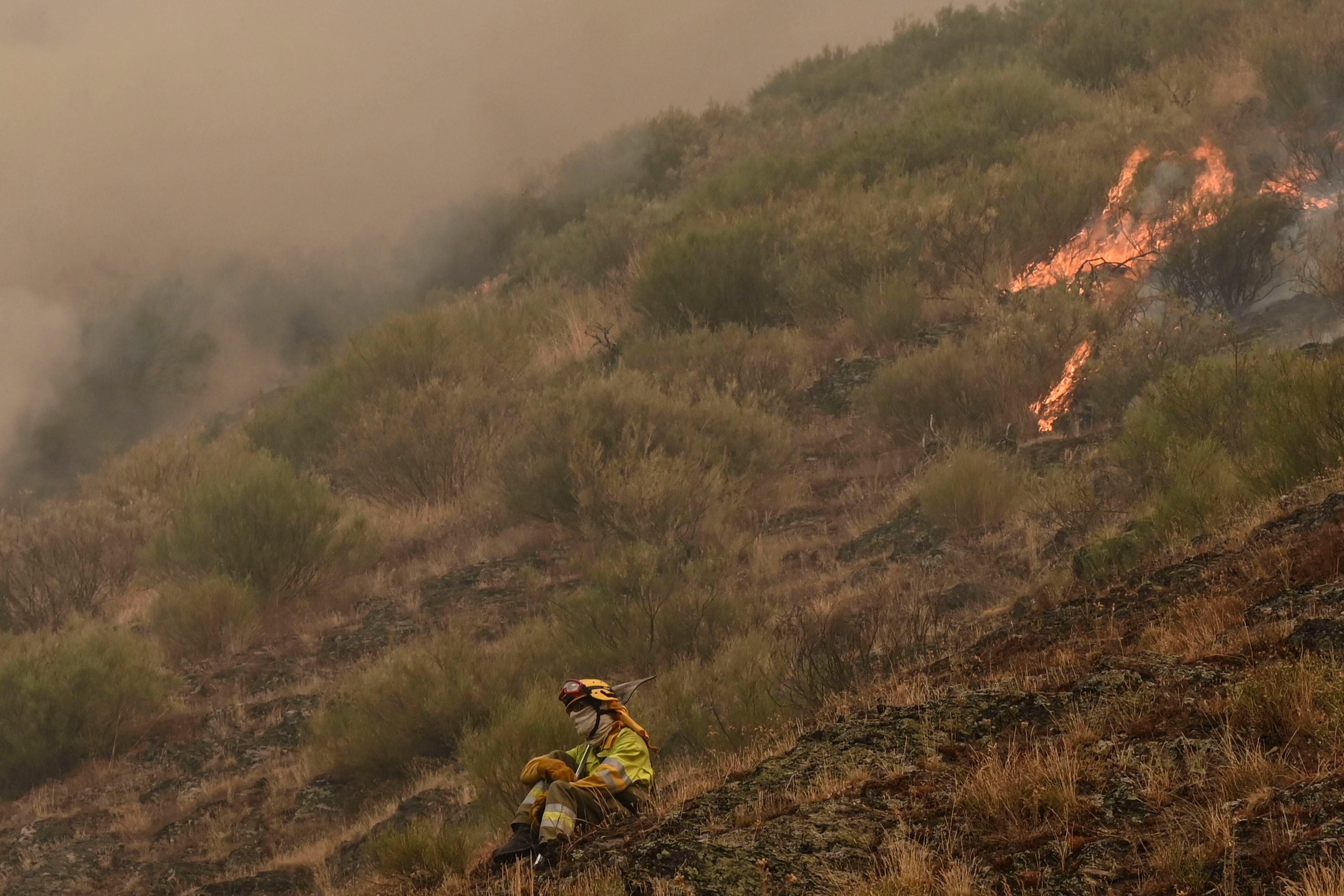 BARNIEDO DE LA REINA (LEÓN), 18/08/2025.- Una persona que lucha contra el fuego muestra su desesperación ante el incendio que amenaza la vertiente leonesa del Parque Nacional de Picos de Europa, iniciado en Barniedo de la Reina e impulsado por el viento y las altas temperaturas. EFE/J.Casares