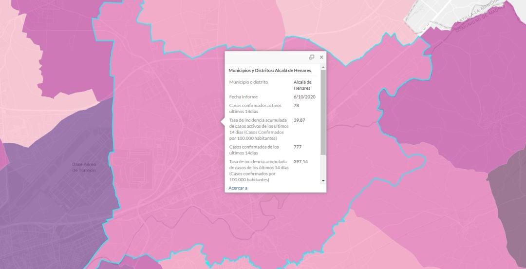 Tasa de contagios en Alcalá de Henares a 6 de octubre de 2020