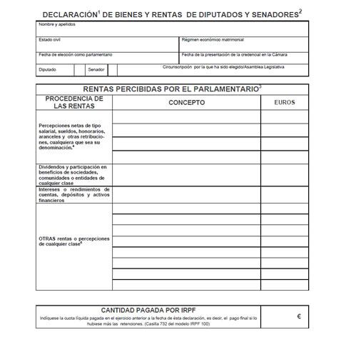 El impreso que tendrán que rellenar los ditutados y senadores antes del 7 de septiembre