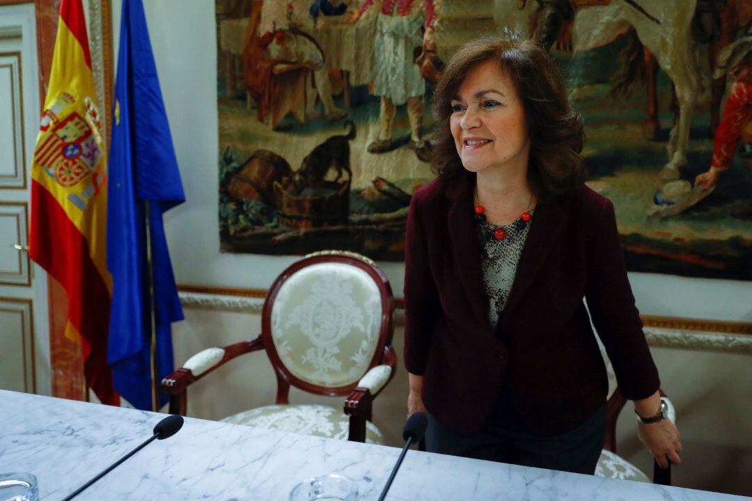  La vicepresidenta del Gobierno, Carmen Calvo, durante la inauguración del seminario &quot;Hacia una Ley integral para las víctimas de trata de seres humanos&quot;