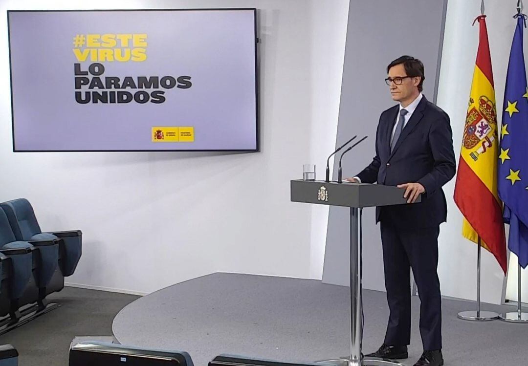 Captura de la señal institucional del Palacio de la Moncloa de la rueda que el ministro de Sanidad, Salvador Illa.