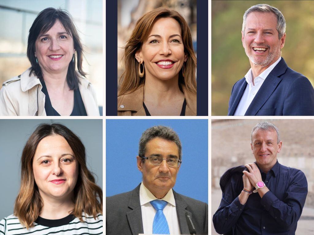 Candidatos del Ayuntamiento de Zaragoza en las elecciones municipales de mayo de 2023. De izquierda a derecha y de arriba a abajo: Lola Ranera (PSOE), Natalia Chueca (PP), Daniel Pérez Calvo (Ciudadanos), Elena Tomás (Zaragoza en Común), Julio Calvo (Vox) y Fernando Rivarés (Podemos)