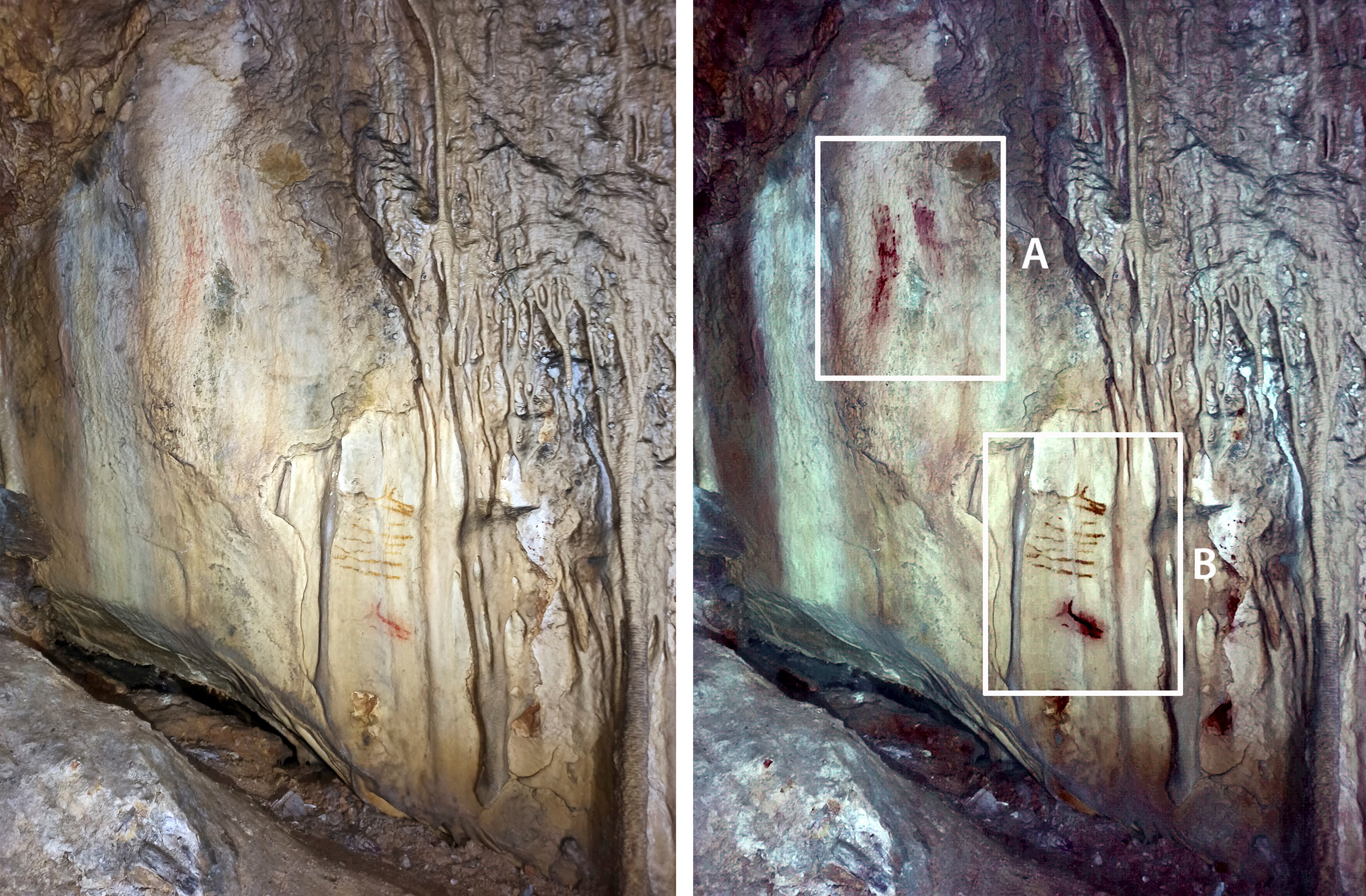 Las evidencias científicas habían ya constatado el origen humano de las pinturas rupestres conocidas más antiguas del mundo (realizadas hace unos 65.000 años), pero las nuevas dataciones han corroborado que la cueva de Ardales, en Málaga, acogió una sucesión de culturas antiguas durante miles de años y los diferentes usos que cada una hizo de ella. En la foto, las dos fases artísticas presentes en la cueva de Ardales; una más simbólica y realizada por los neandertales (A) y una más figurativa realizada por el Homo sapiens (B)