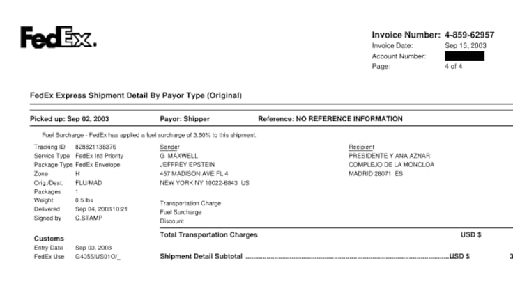 Los archivos desclasificados del 'caso Epstein' incluyen recibos de envíos a José María Aznar