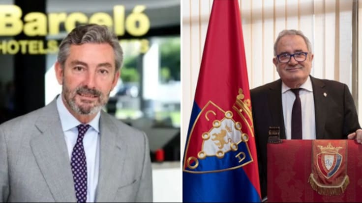 Gaspar Saéz, gerente de Barceló en el Sur y el Levante, y Luis Sabalza, presidente del Osasuna, dan su último adiós a Nacho Ansó